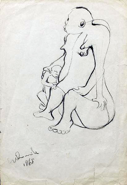 Mslaba DUMILE "Mother and child", 1965 - pencil sketch 29.8x20.2 (20x13) cm (Coll. Oliewenhuis Art Museum)