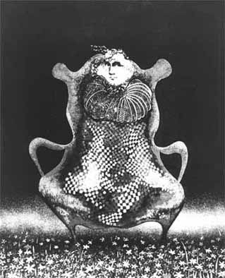Karin JAROSZYNSKA "Chair in the meadow", 1974 - aquatint / drypoint 