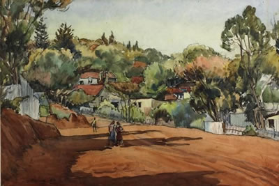 Eric BYRD "Township scene", 1942 - watercolour/charcoal/paper - 37x55 cm