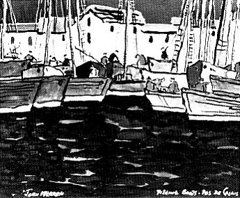  John McLAREN "Fishing boats, Pas de Calais" - gouache - ill. in Arts Calendar March 1973 - SAAA, Pretoria, p.5