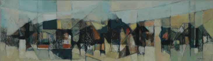 Ronald MYLCHREEST "Village" - oil/board 40x136 cm - Sothebys JHB 19.11.07 Lot397