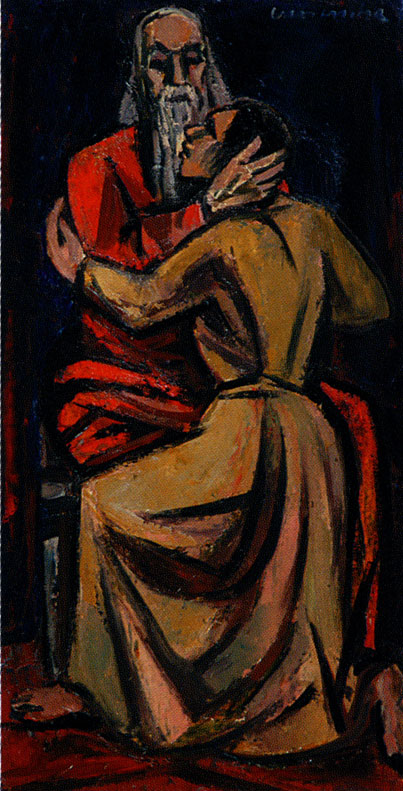 Maurice van Essche "Tobias healing his father", pre-1955 ("The embrace") - oil on board - 67x34 cm (ill. in Lantern, 1956 Jan/March) in b/white) (ill. in colour Stephan Welz Johannesburg cat. SA0710 Nov 2007 Lot 653)